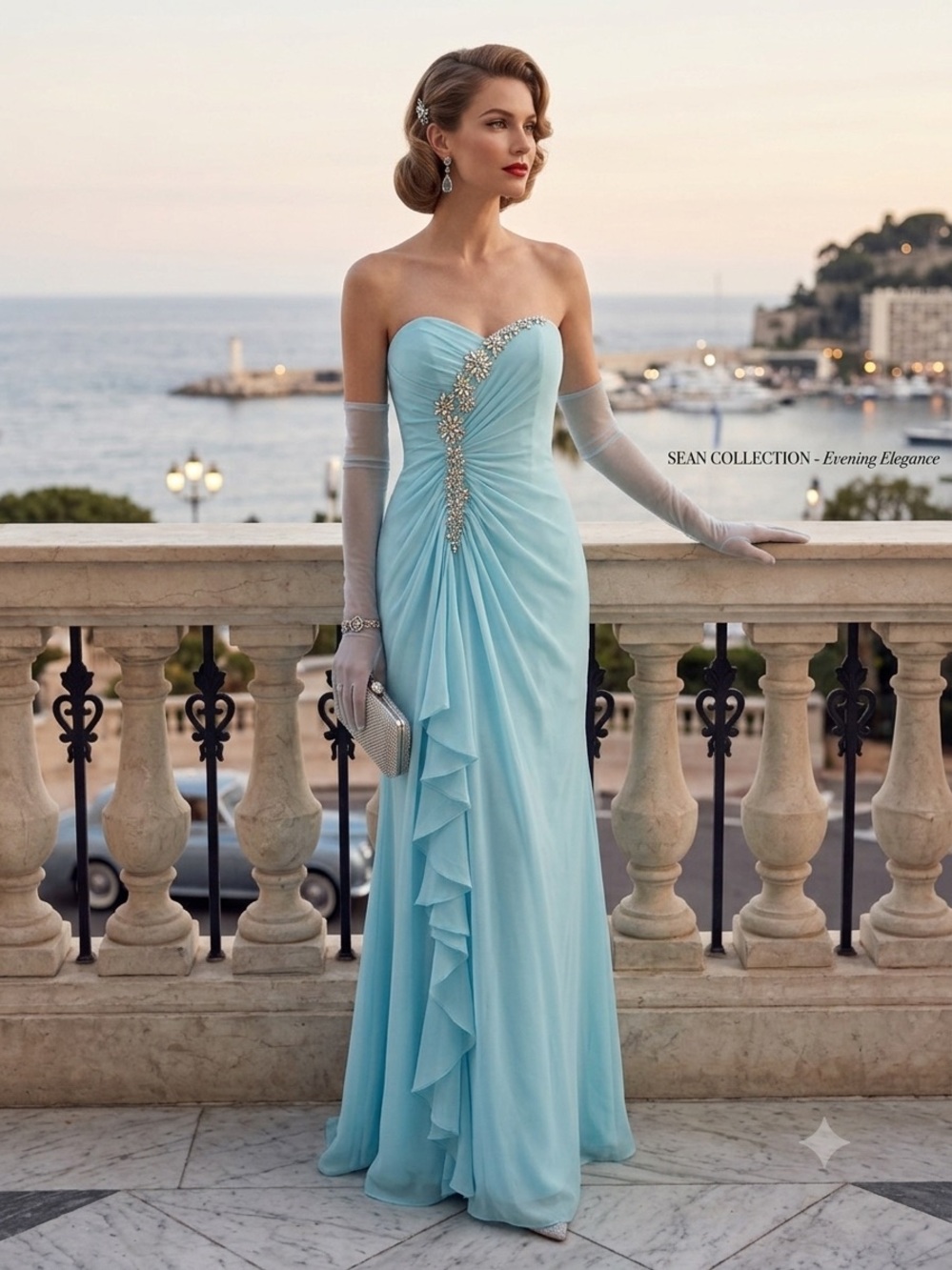 Sean Collection Vintage Strapless Embellished Chiffon Gown Aqua Blue Sz2